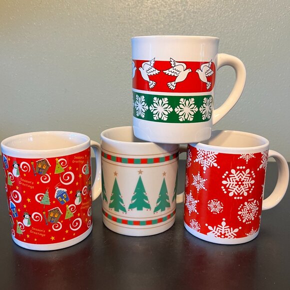 Lot of 4 Christmas Winter Holidays Colorful Mugs ~ Musical ~ Snowflakes ~ Doves - Picture 1 of 9